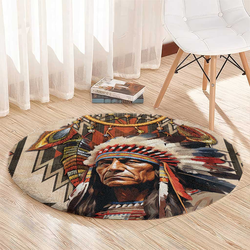 Native American Man Round Carpet Feather Headdress With Dream Catcher
