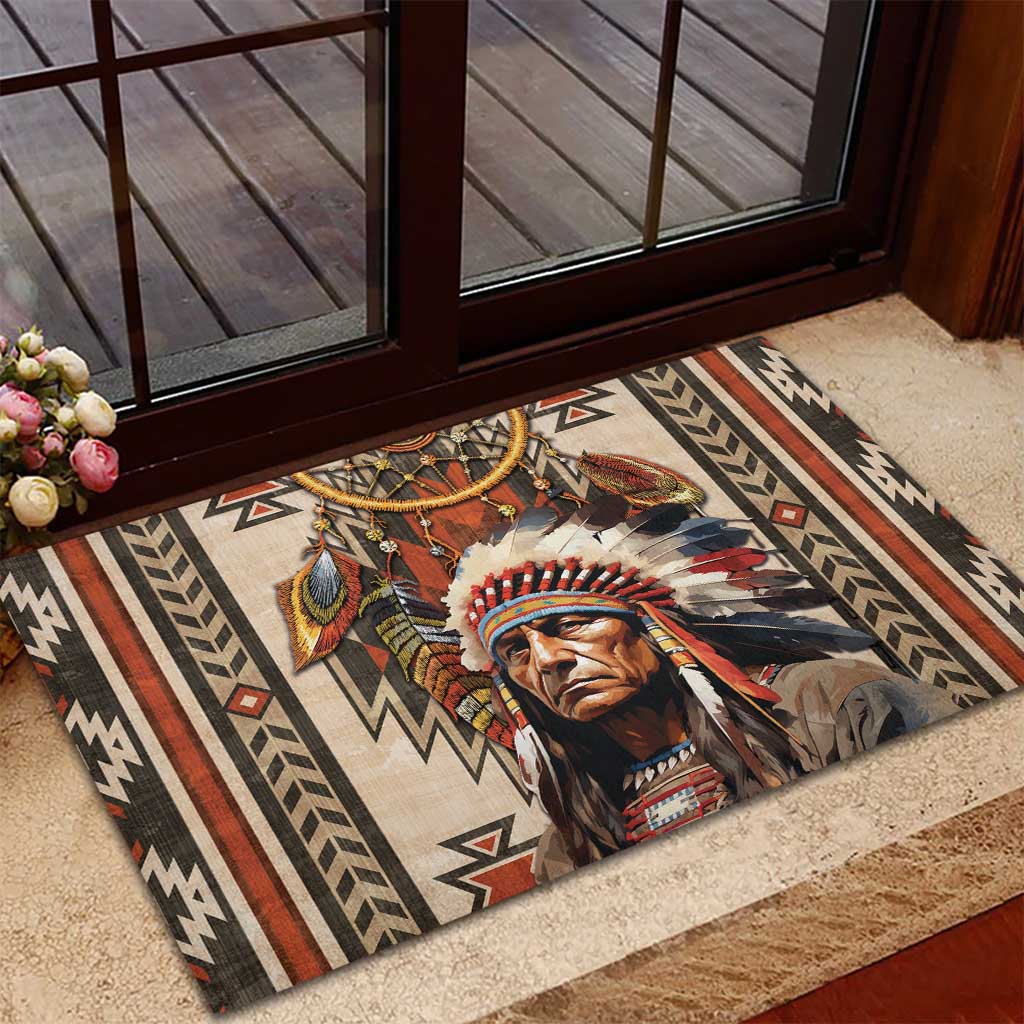 Native American Man Rubber Doormat Feather Headdress With Dream Catcher