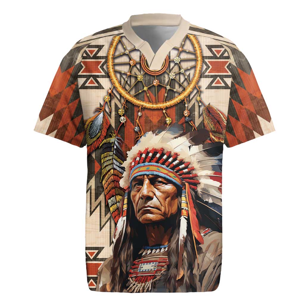 Native American Man Rugby Jersey Feather Headdress With Dream Catcher