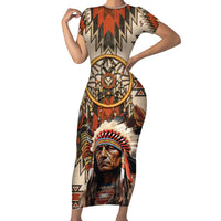 Native American Man Short Sleeve Bodycon Dress Feather Headdress With Dream Catcher