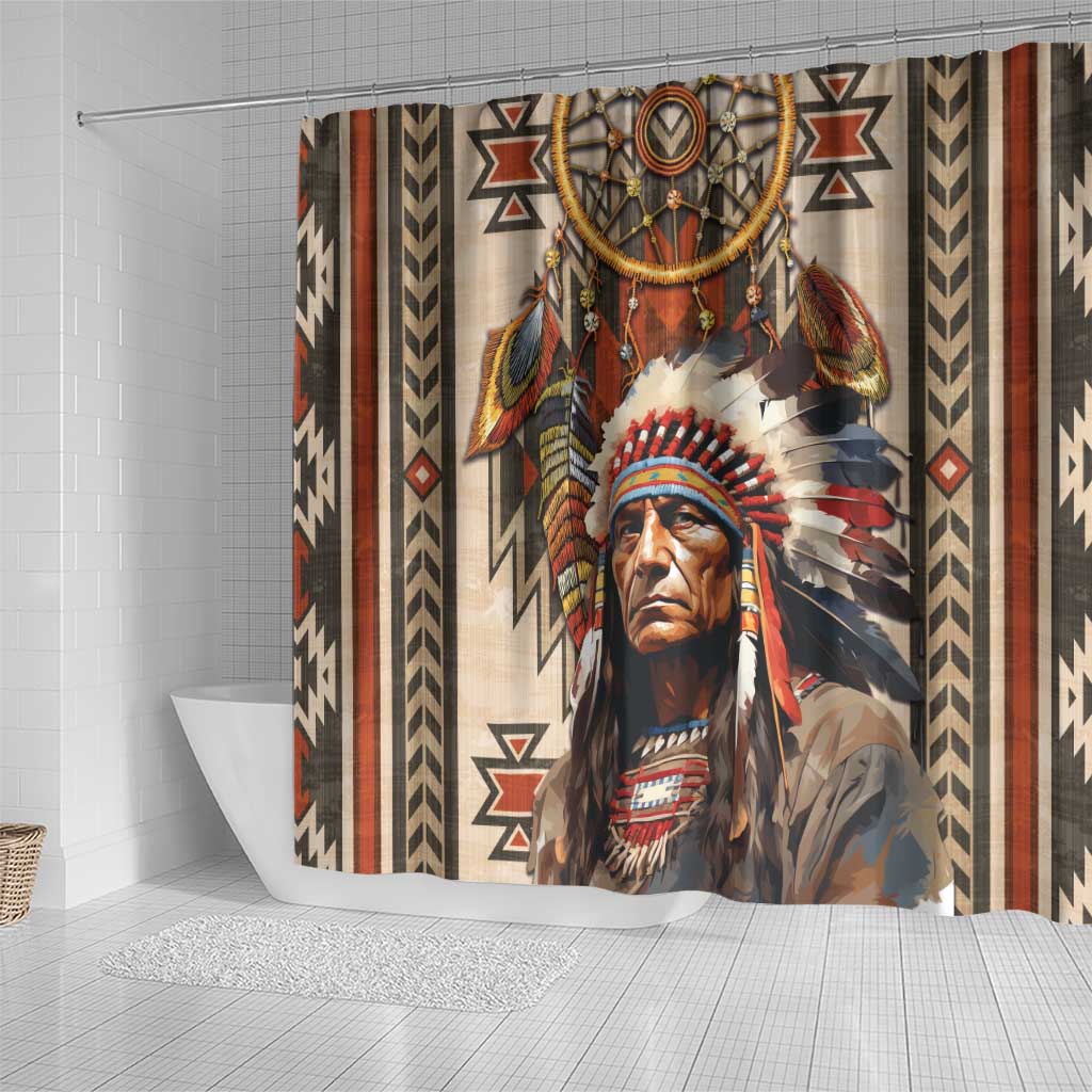 Native American Man Shower Curtain Feather Headdress With Dream Catcher