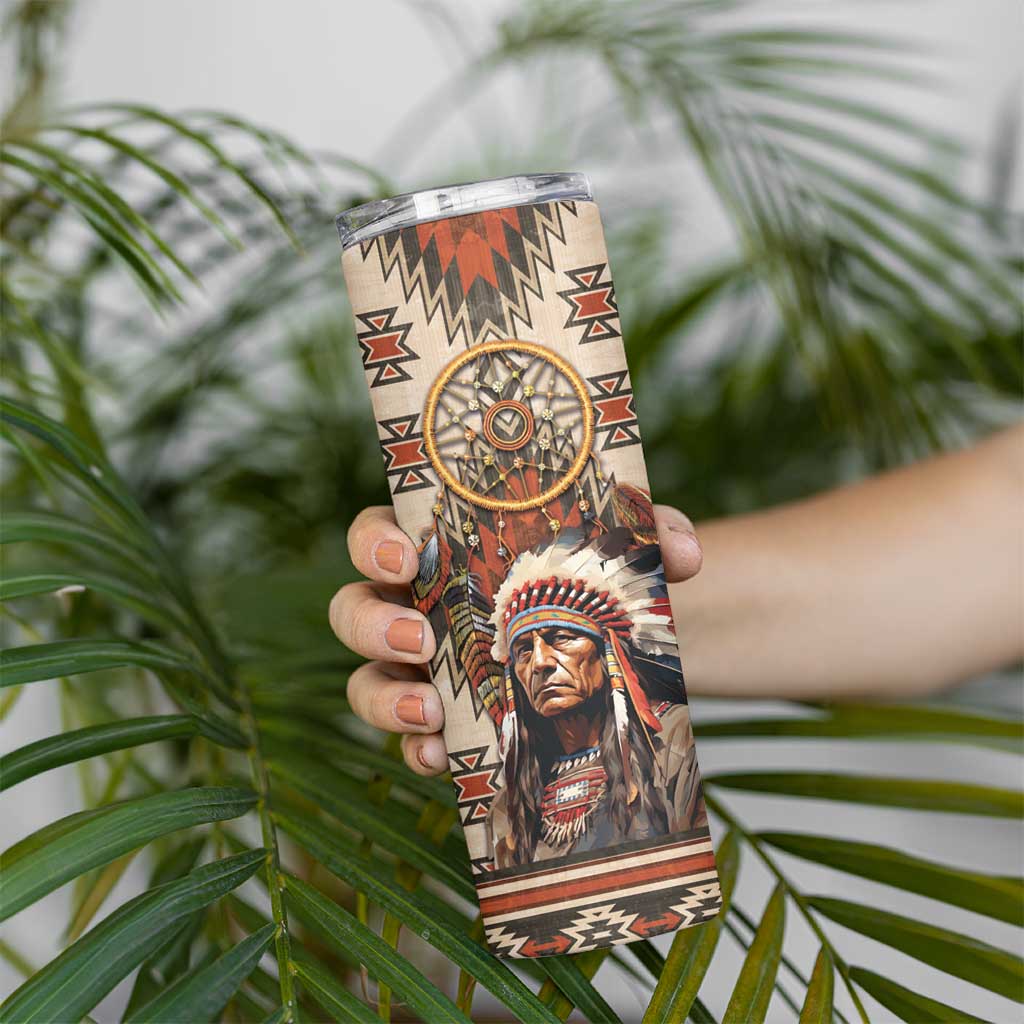 Native American Man Skinny Tumbler Feather Headdress With Dream Catcher