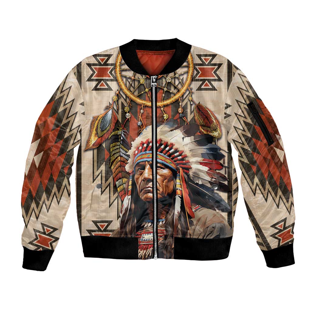 Native American Man Sleeve Zip Bomber Jacket Feather Headdress With Dream Catcher