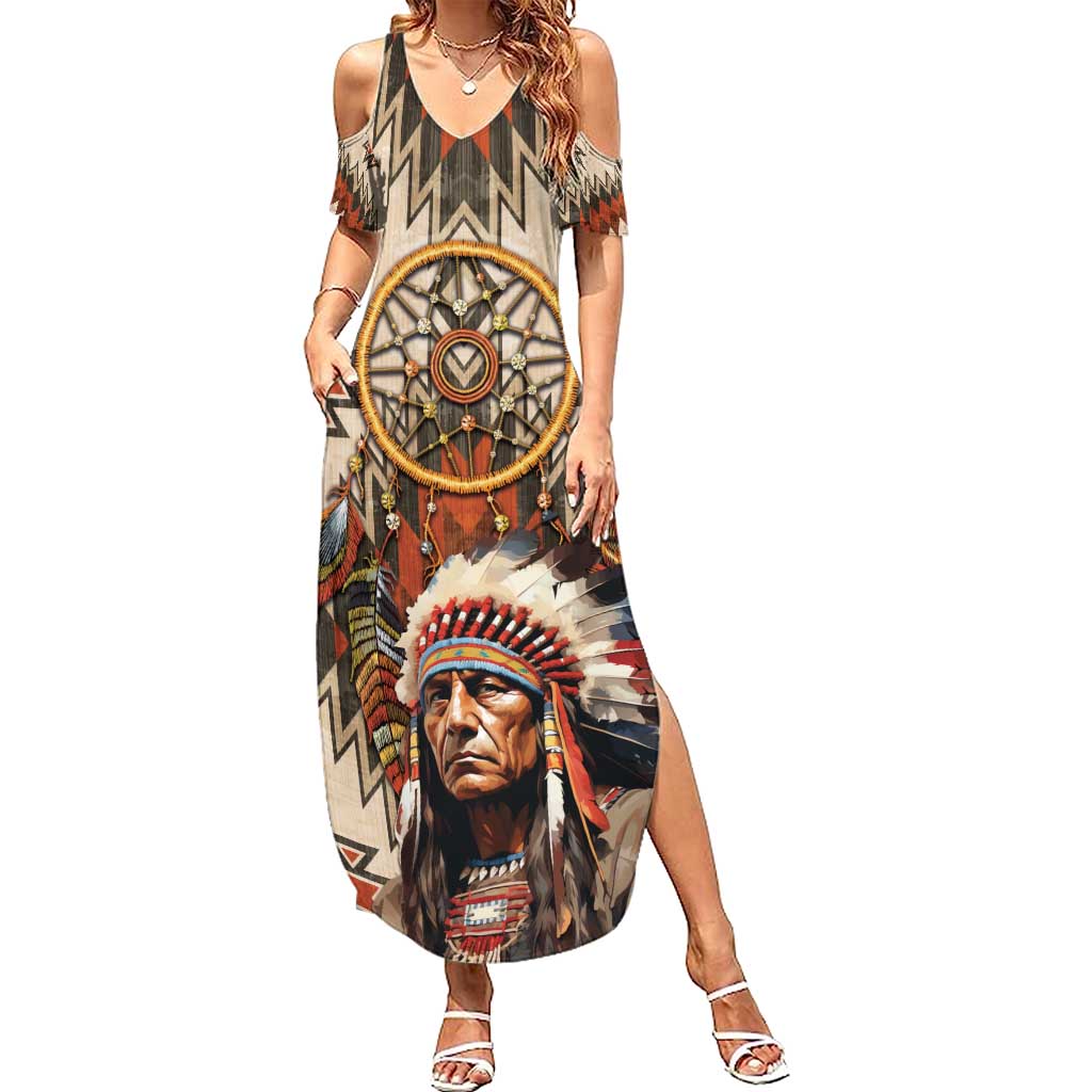 Native American Man Summer Maxi Dress Feather Headdress With Dream Catcher