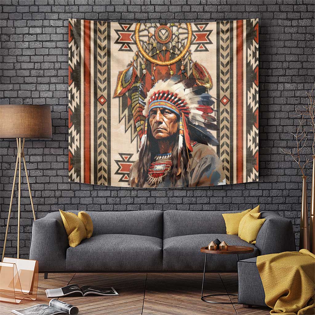Native American Man Tapestry Feather Headdress With Dream Catcher