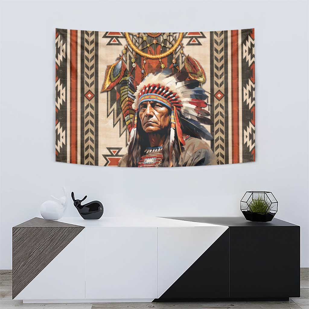 Native American Man Tapestry Feather Headdress With Dream Catcher
