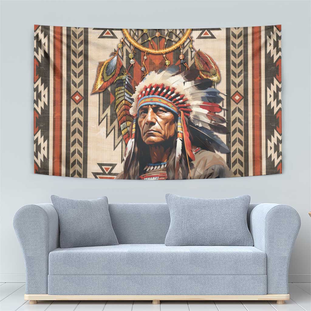 Native American Man Tapestry Feather Headdress With Dream Catcher