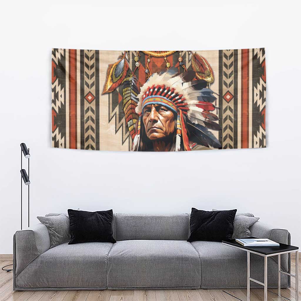 Native American Man Tapestry Feather Headdress With Dream Catcher