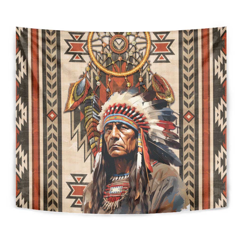 Native American Man Tapestry Feather Headdress With Dream Catcher