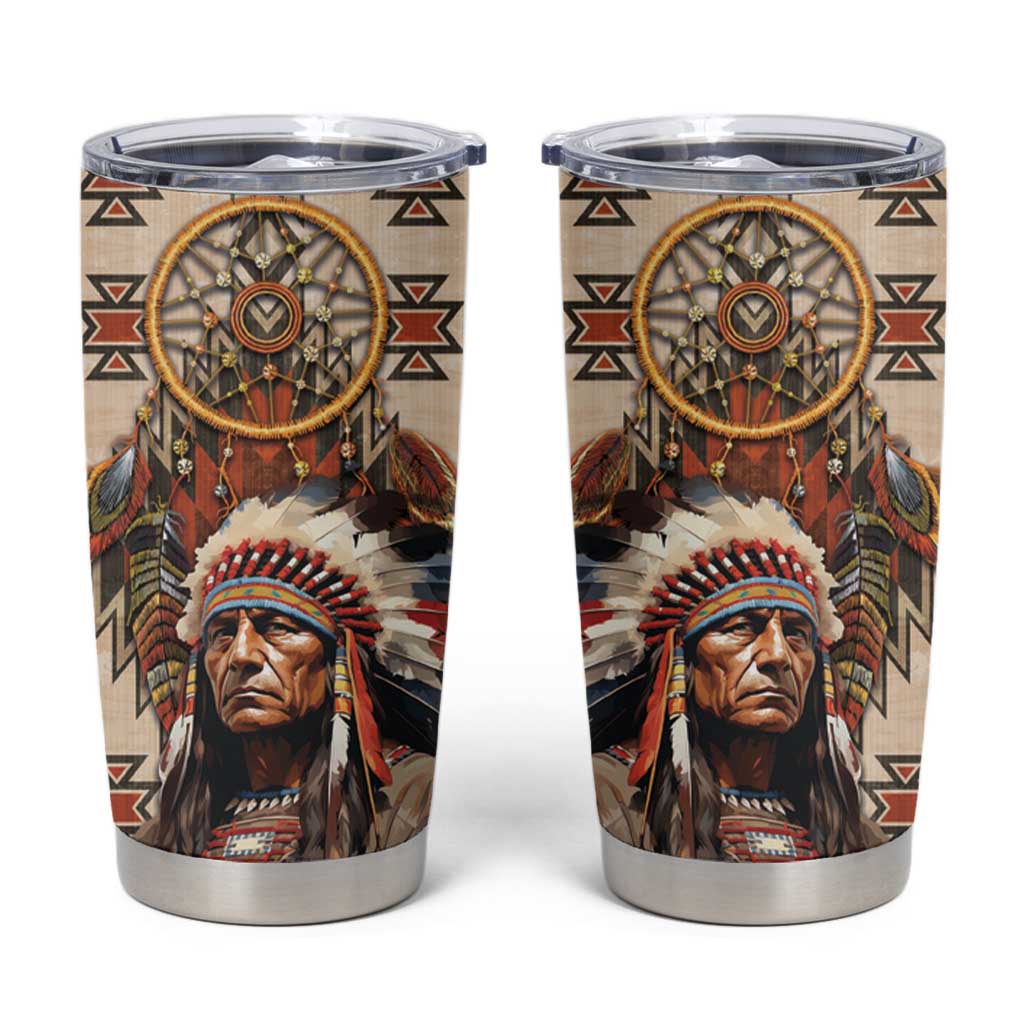 Native American Man Tumbler Cup Feather Headdress With Dream Catcher