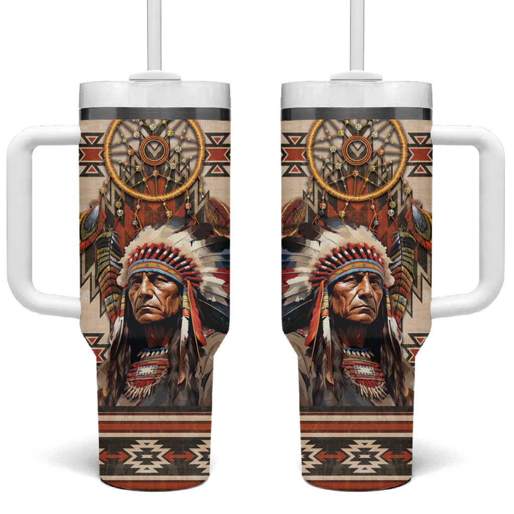 Native American Man Tumbler With Handle Feather Headdress With Dream Catcher