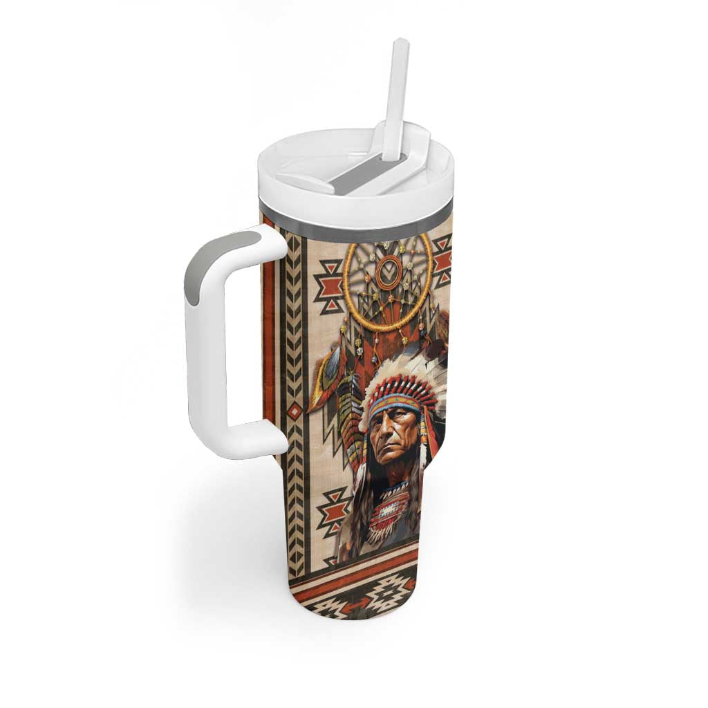 Native American Man Tumbler With Handle Feather Headdress With Dream Catcher