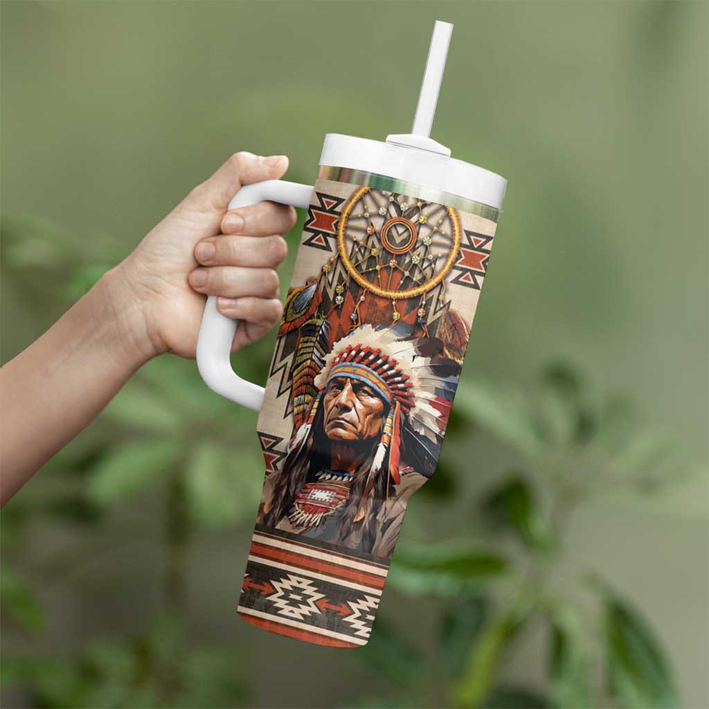 Native American Man Tumbler With Handle Feather Headdress With Dream Catcher