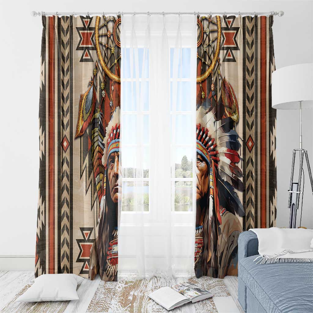 Native American Man Window Curtain Feather Headdress With Dream Catcher