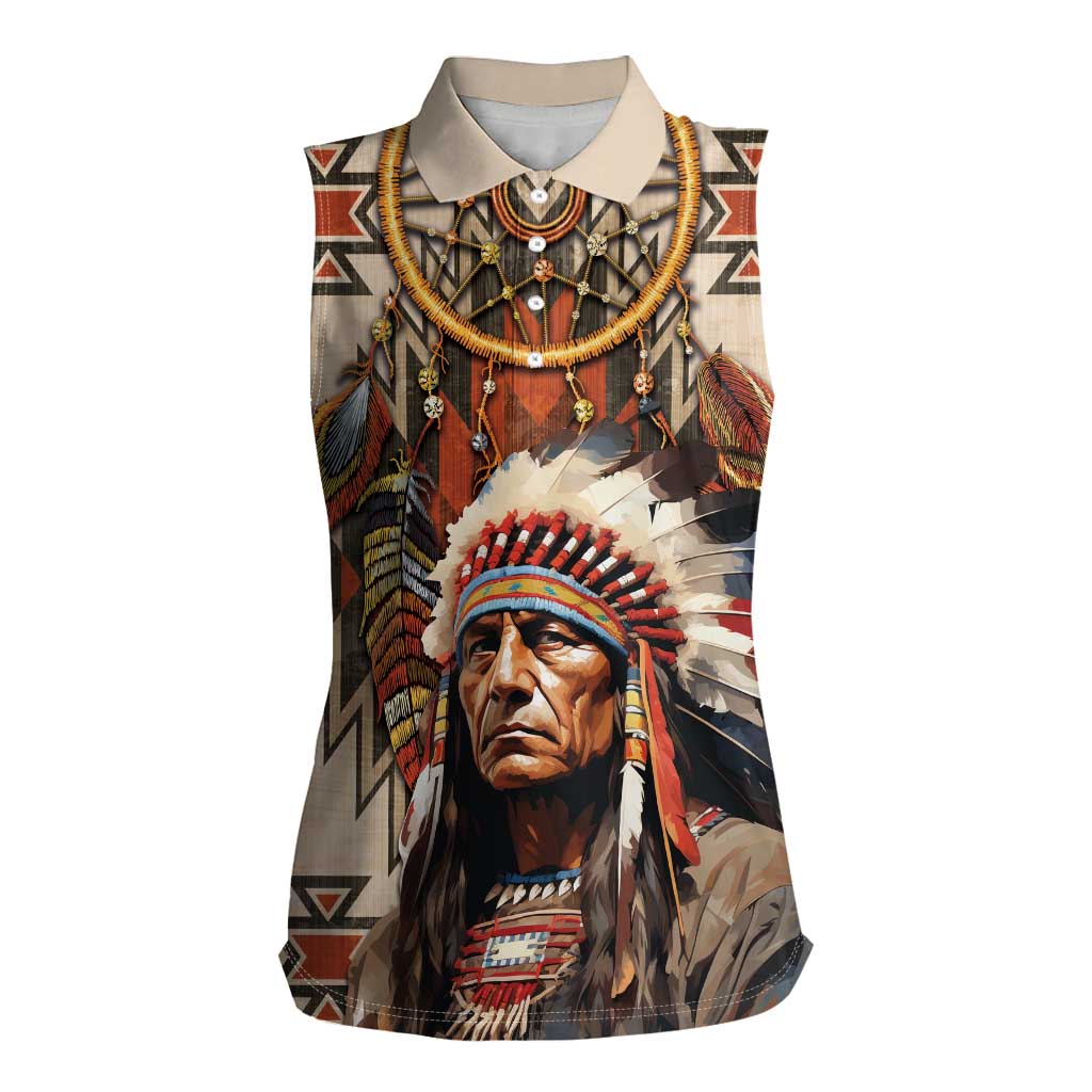 Native American Man Women Sleeveless Polo Shirt Feather Headdress With Dream Catcher