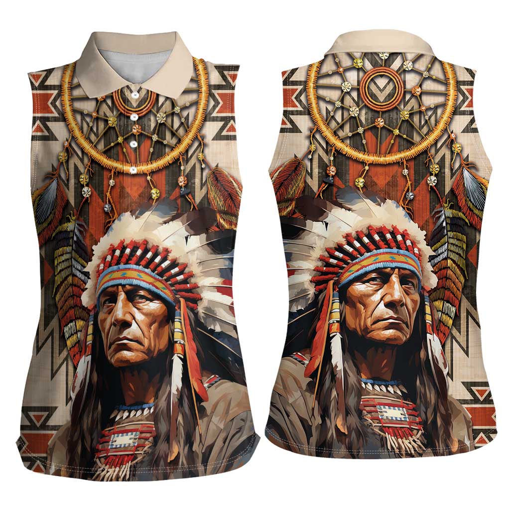 Native American Man Women Sleeveless Polo Shirt Feather Headdress With Dream Catcher