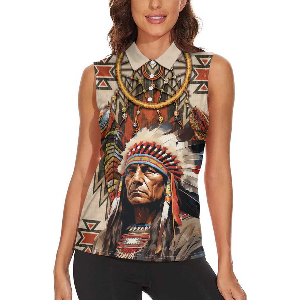 Native American Man Women Sleeveless Polo Shirt Feather Headdress With Dream Catcher