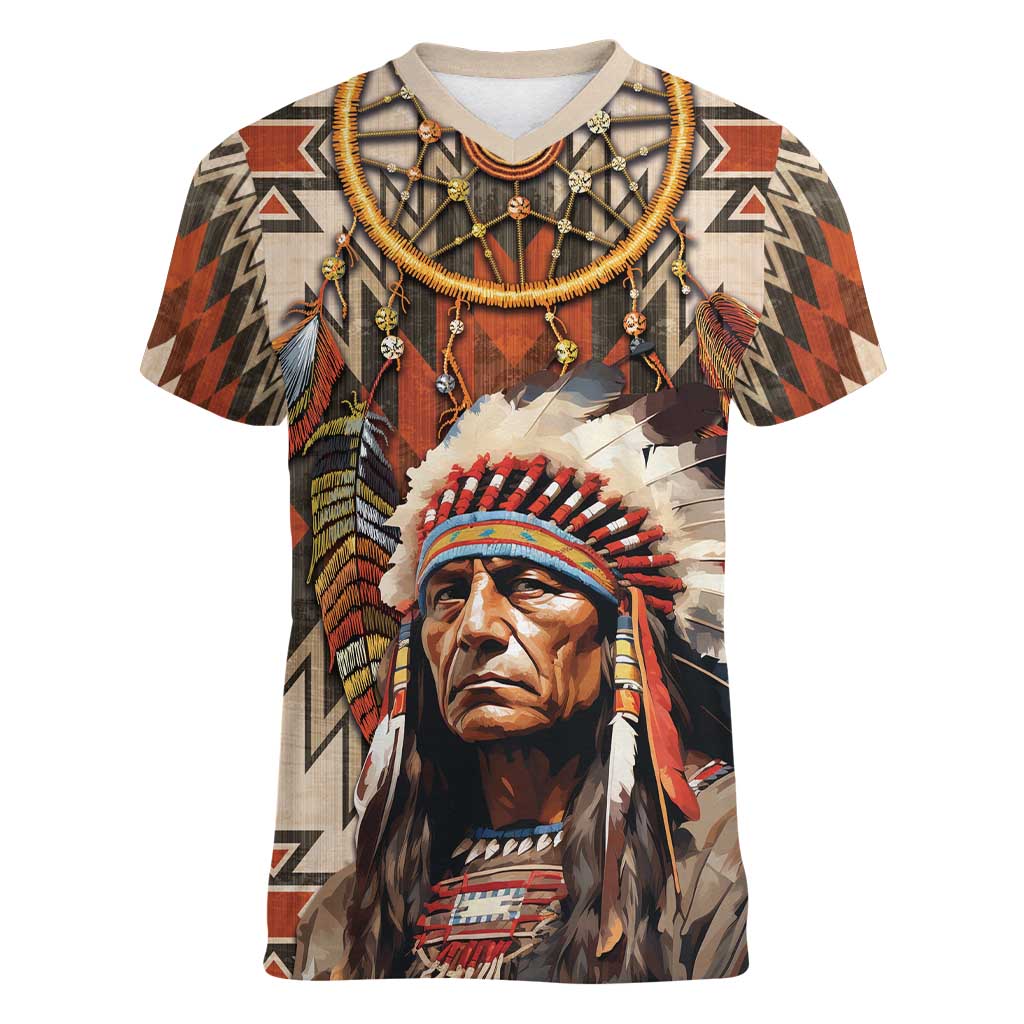Native American Man Women V-Neck T-Shirt Feather Headdress With Dream Catcher