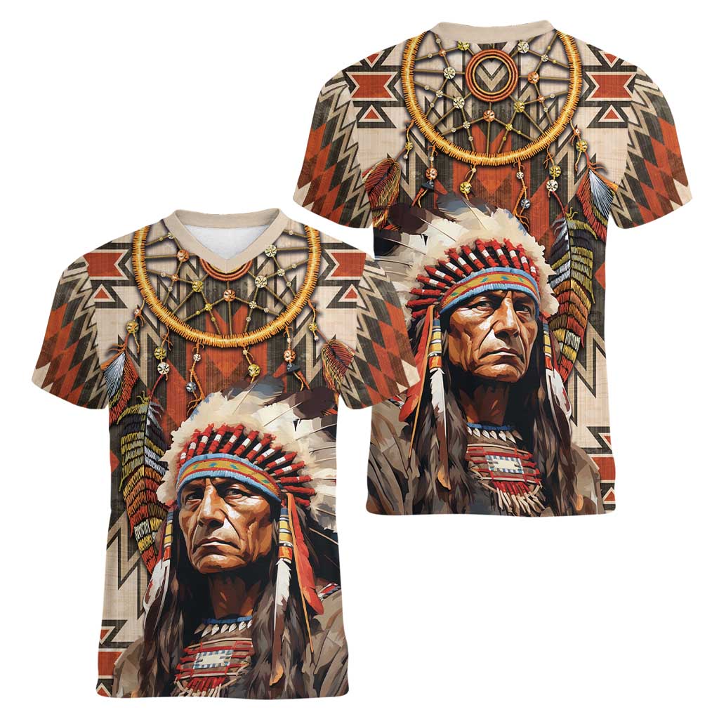 Native American Man Women V-Neck T-Shirt Feather Headdress With Dream Catcher