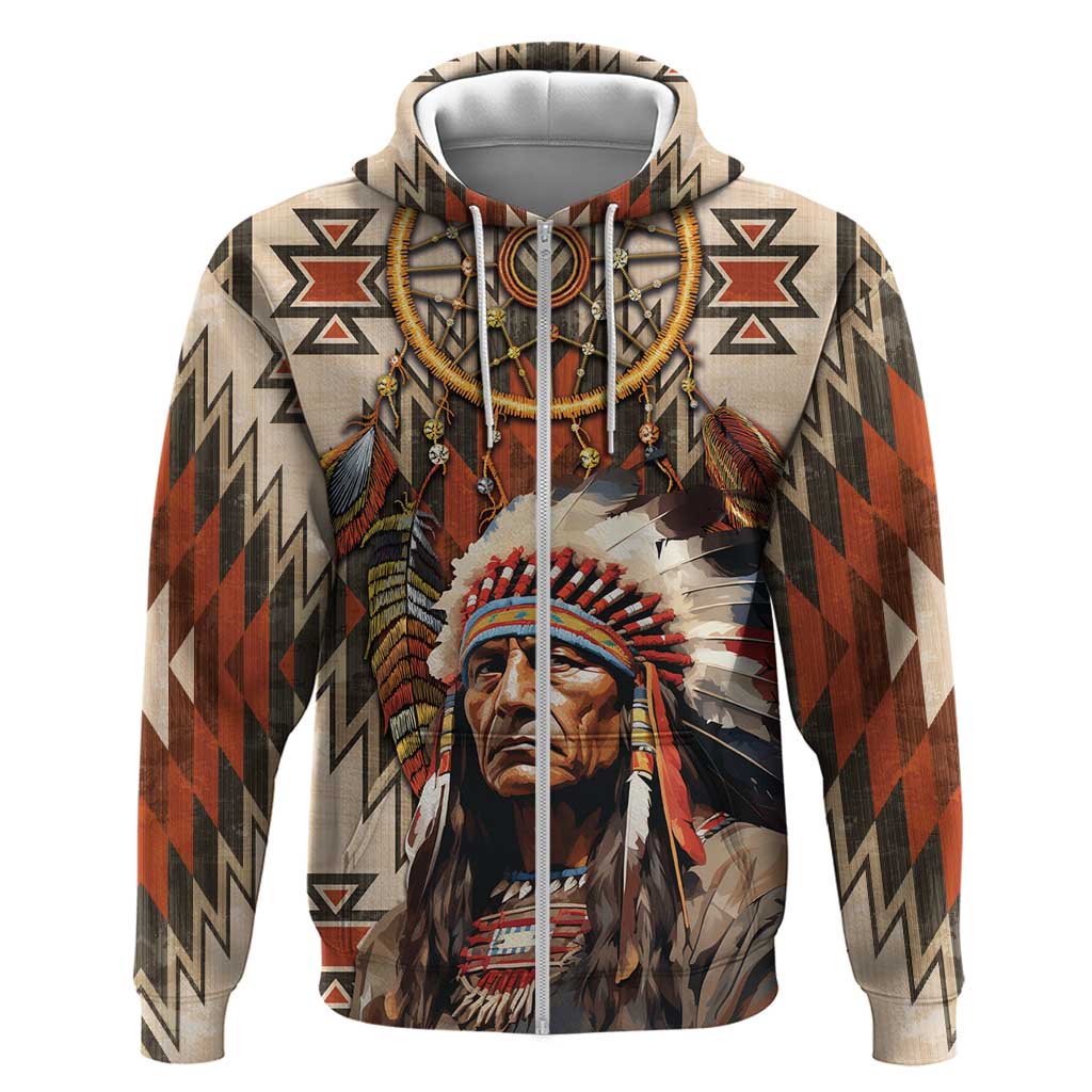 Native American Man Zip Hoodie Feather Headdress With Dream Catcher