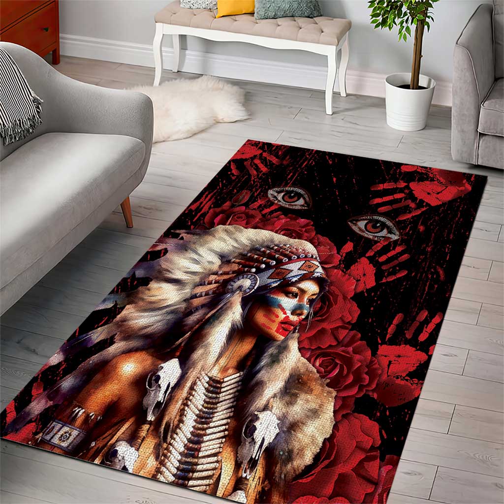 Native American MMIW Area Rug Red Indian Women With Red Handprint