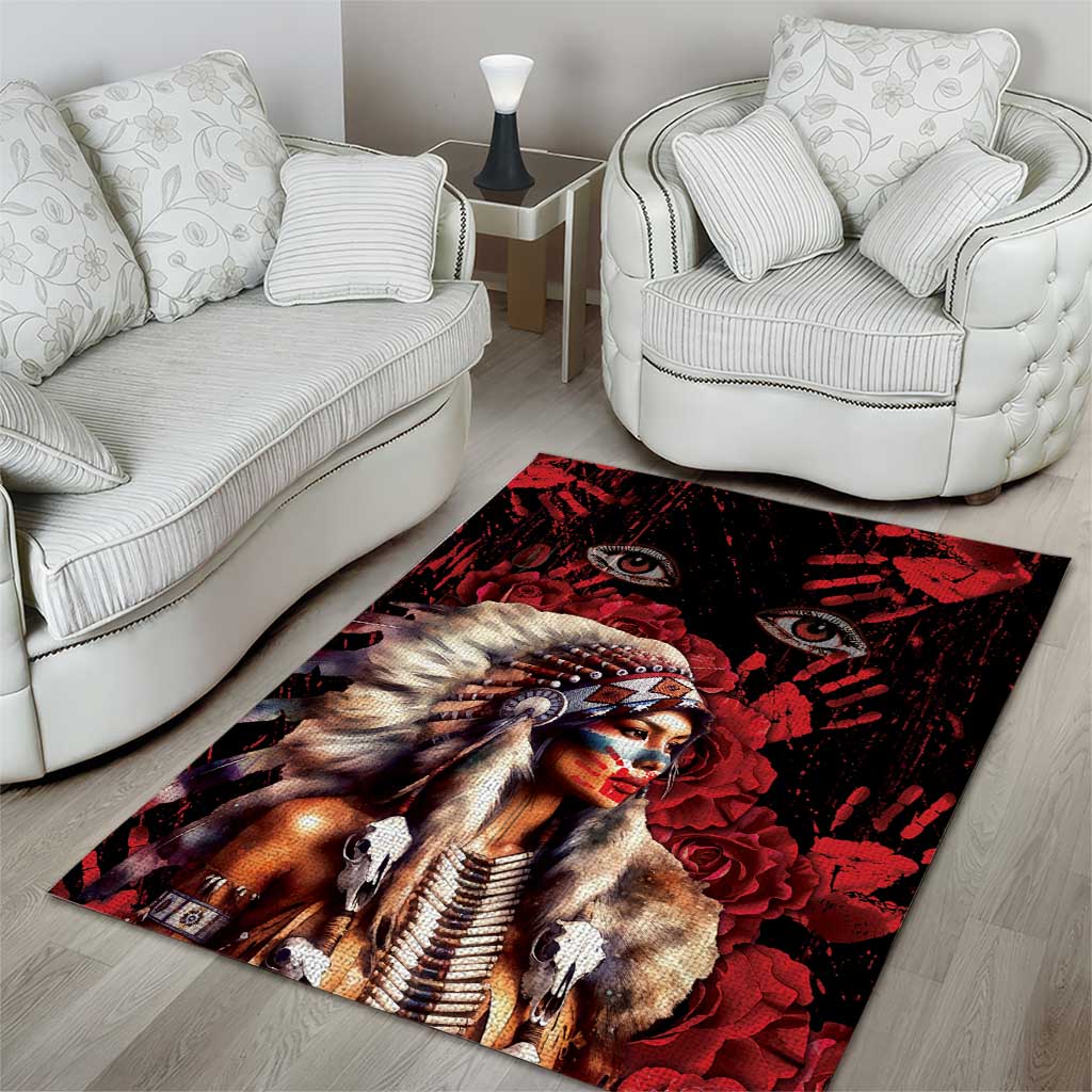 Native American MMIW Area Rug Red Indian Women With Red Handprint