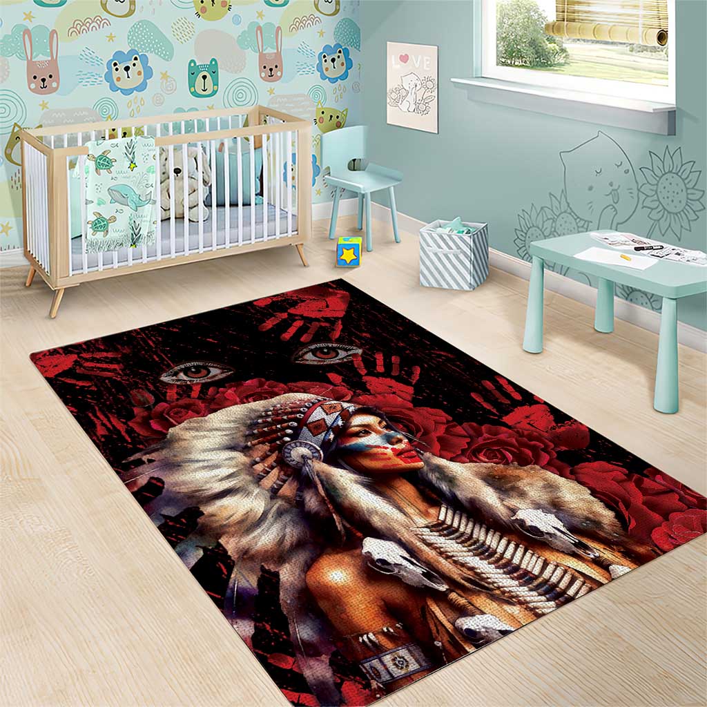 Native American MMIW Area Rug Red Indian Women With Red Handprint