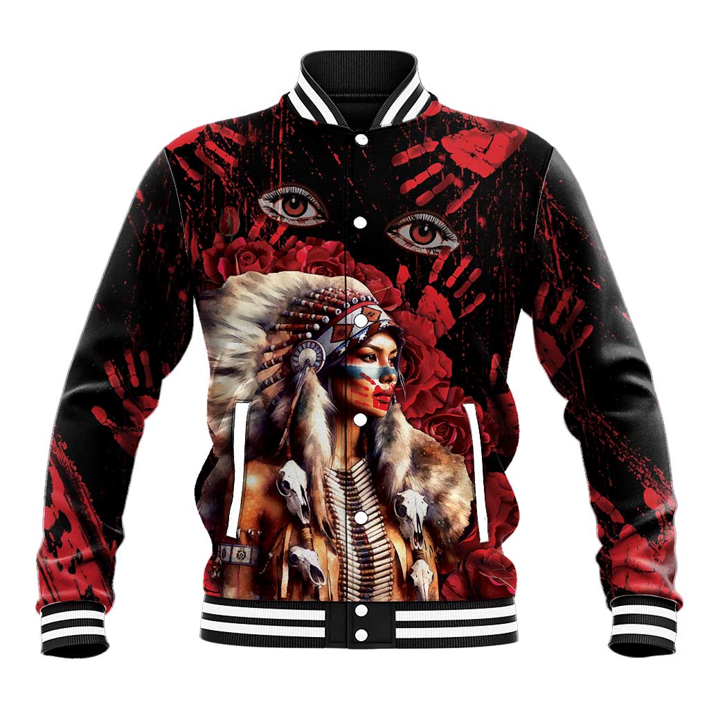 Native American MMIW Baseball Jacket Red Indian Women With Red Handprint