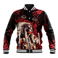 Native American MMIW Baseball Jacket Red Indian Women With Red Handprint