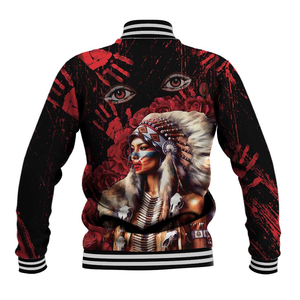 Native American MMIW Baseball Jacket Red Indian Women With Red Handprint