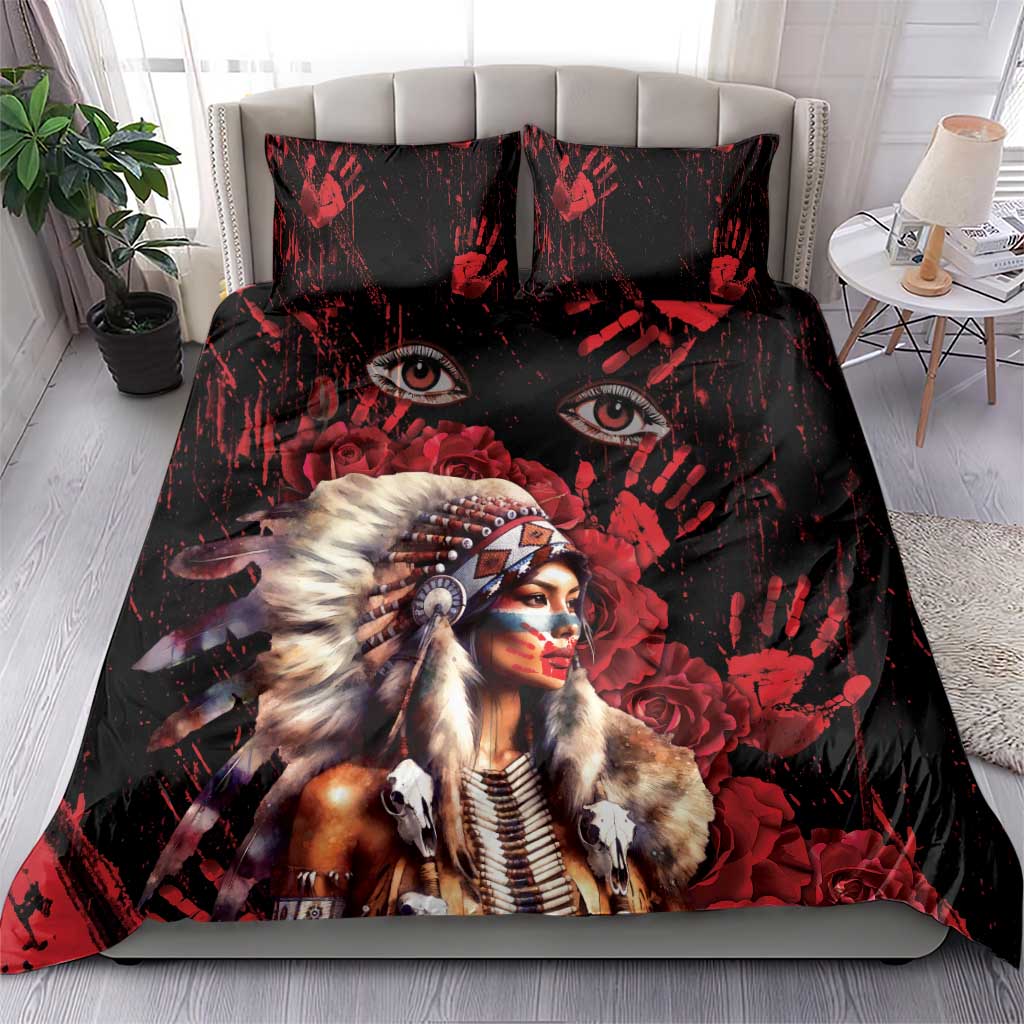 Native American MMIW Bedding Set Red Indian Women With Red Handprint