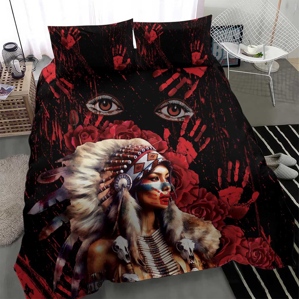 Native American MMIW Bedding Set Red Indian Women With Red Handprint