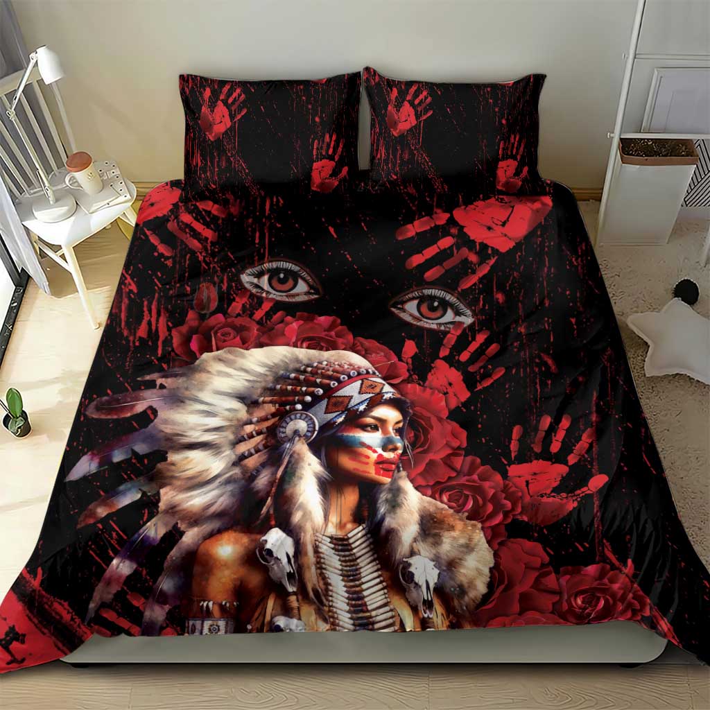 Native American MMIW Bedding Set Red Indian Women With Red Handprint