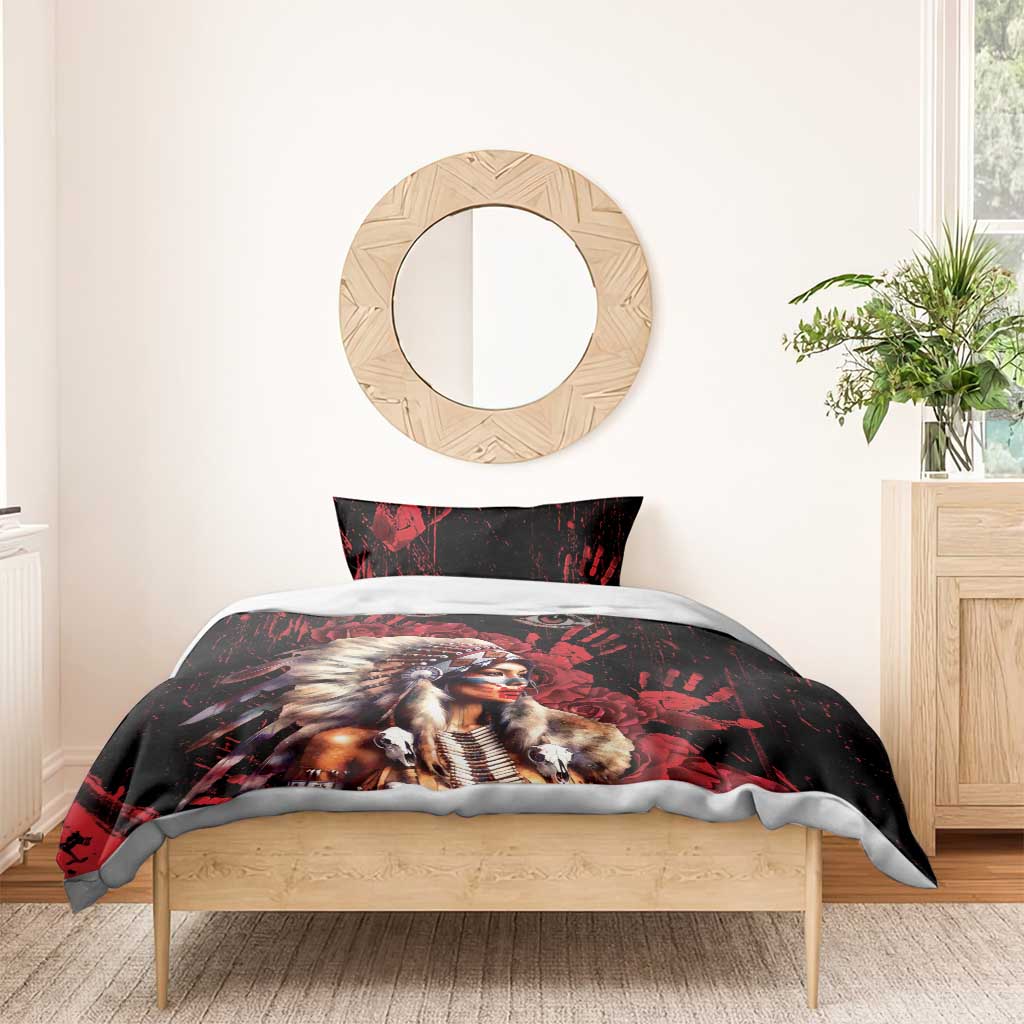 Native American MMIW Bedding Set Red Indian Women With Red Handprint