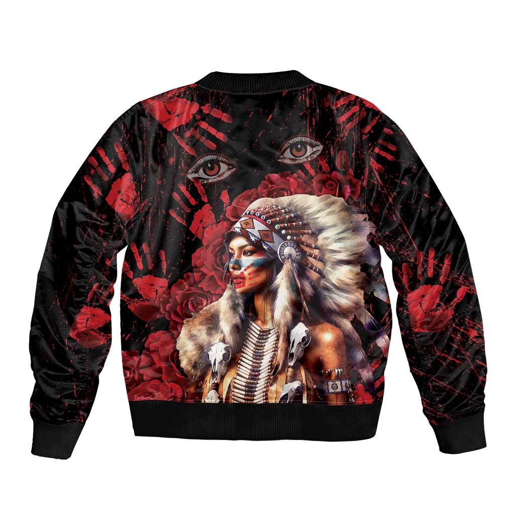 Native American MMIW Bomber Jacket Red Indian Women With Red Handprint