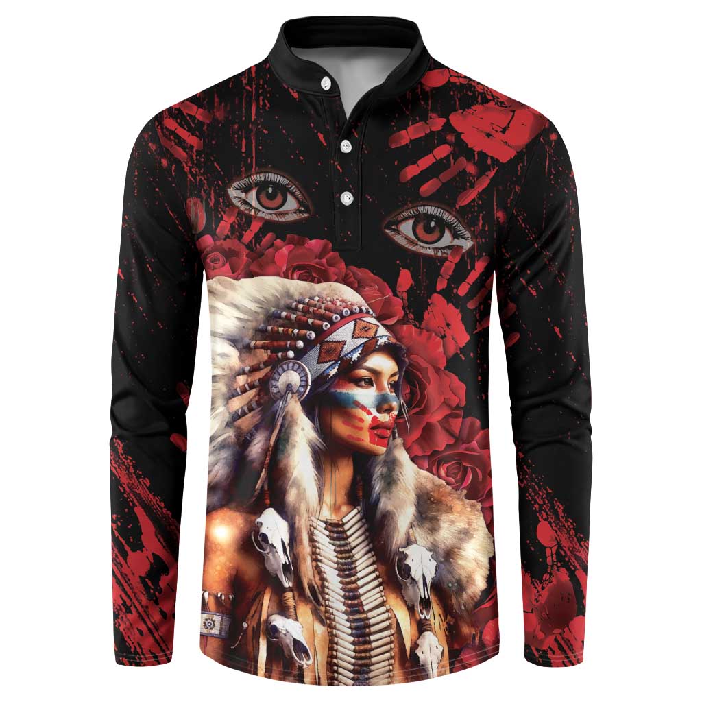 Native American MMIW Button Sweatshirt Red Indian Women With Red Handprint