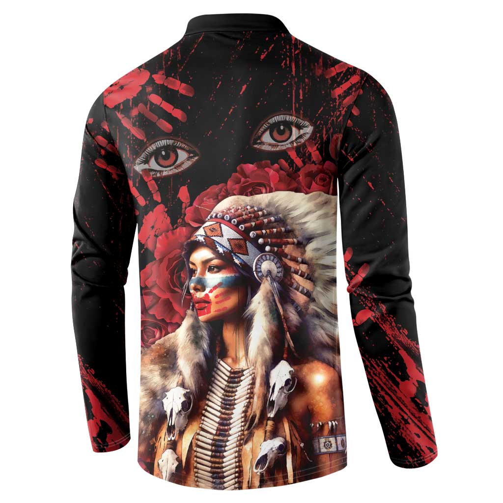 Native American MMIW Button Sweatshirt Red Indian Women With Red Handprint