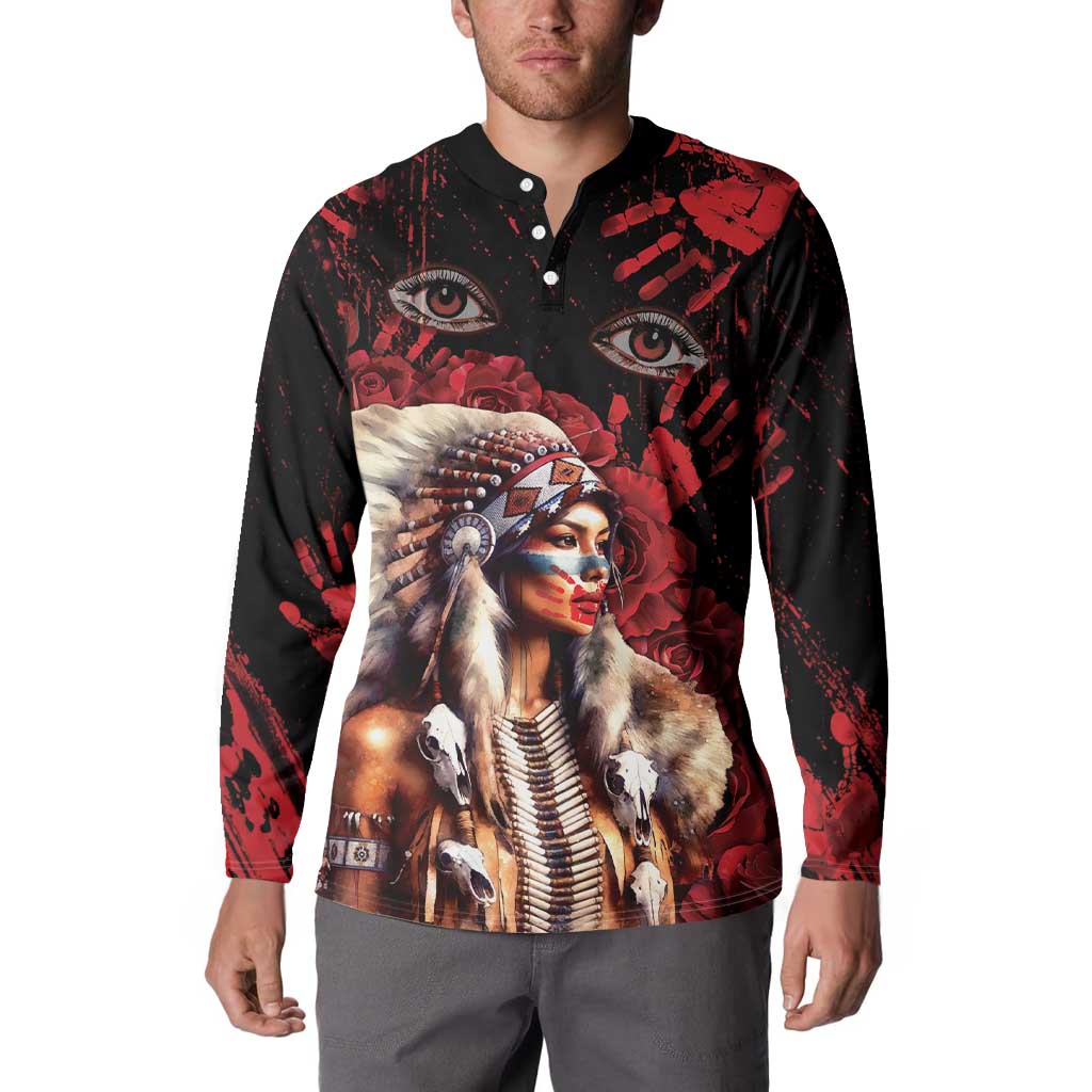 Native American MMIW Button Sweatshirt Red Indian Women With Red Handprint