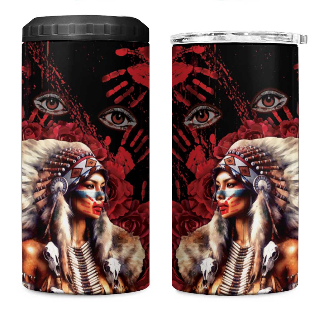 Native American MMIW 4 in 1 Can Cooler Tumbler Red Indian Women With Red Handprint