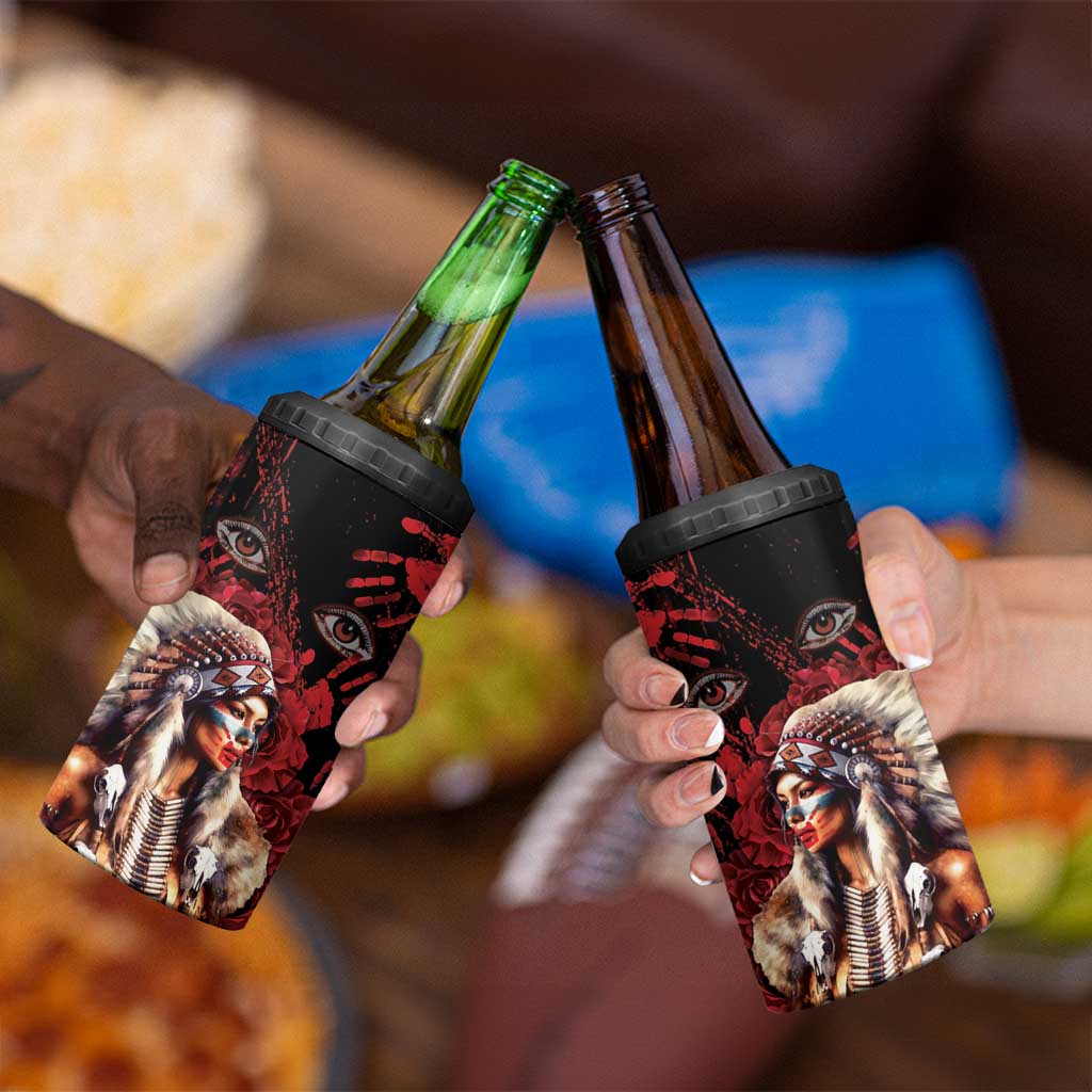 Native American MMIW 4 in 1 Can Cooler Tumbler Red Indian Women With Red Handprint