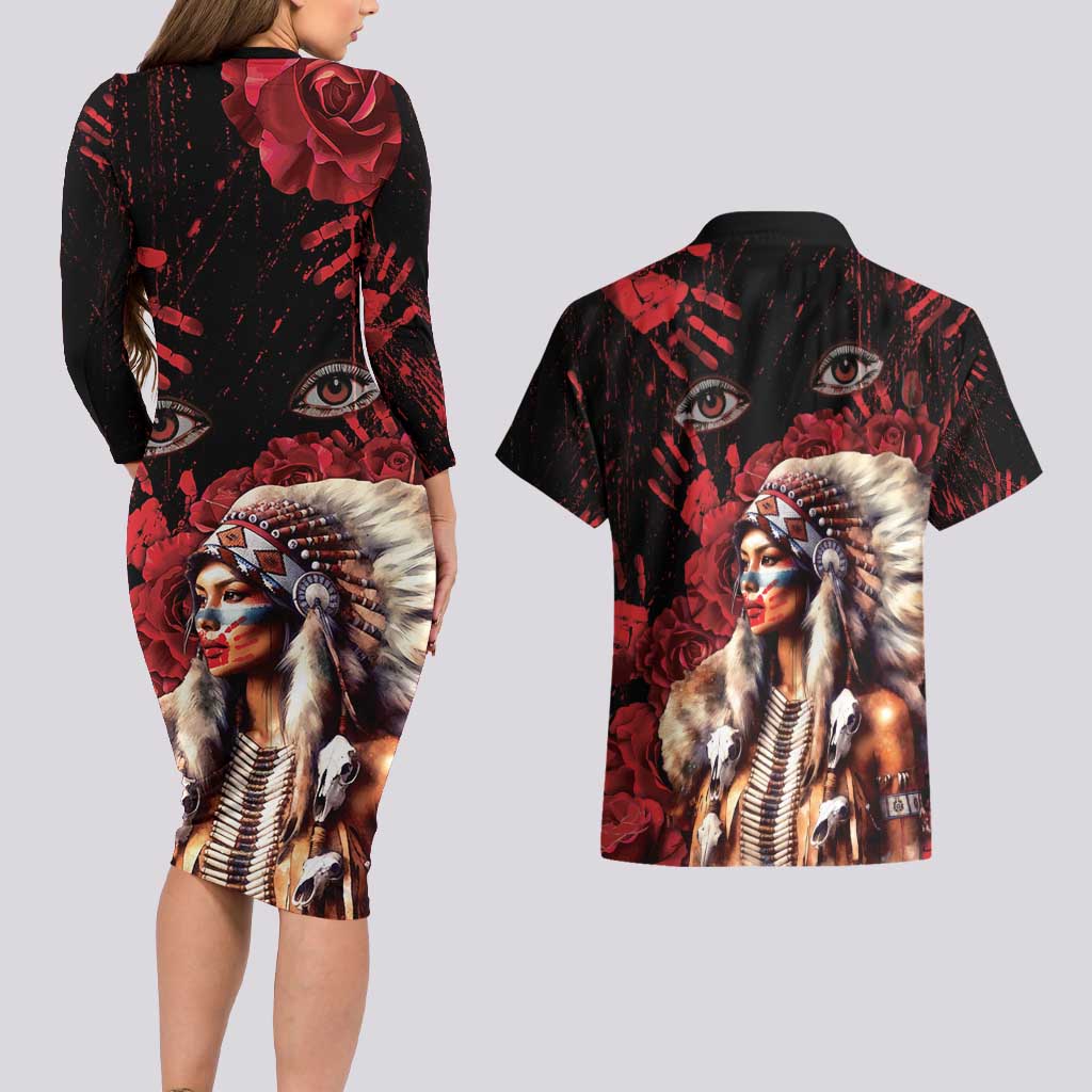 Native American MMIW Couples Matching Long Sleeve Bodycon Dress and Hawaiian Shirt Red Indian Women With Red Handprint