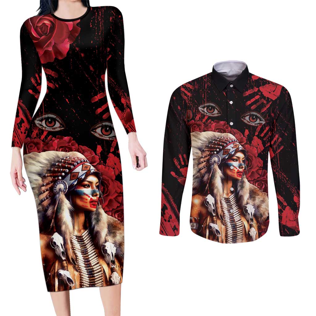 Native American MMIW Couples Matching Long Sleeve Bodycon Dress and Long Sleeve Button Shirt Red Indian Women With Red Handprint