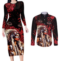 Native American MMIW Couples Matching Long Sleeve Bodycon Dress and Long Sleeve Button Shirt Red Indian Women With Red Handprint