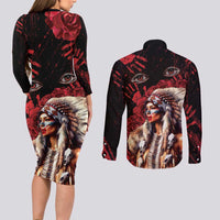 Native American MMIW Couples Matching Long Sleeve Bodycon Dress and Long Sleeve Button Shirt Red Indian Women With Red Handprint