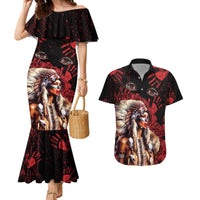 Native American MMIW Couples Matching Mermaid Dress and Hawaiian Shirt Red Indian Women With Red Handprint