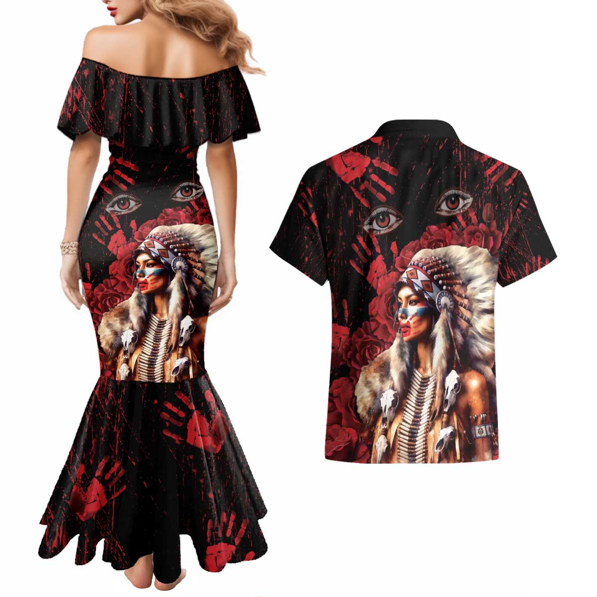 Native American MMIW Couples Matching Mermaid Dress and Hawaiian Shirt Red Indian Women With Red Handprint