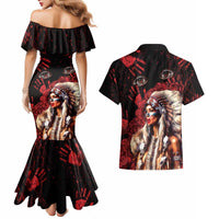 Native American MMIW Couples Matching Mermaid Dress and Hawaiian Shirt Red Indian Women With Red Handprint