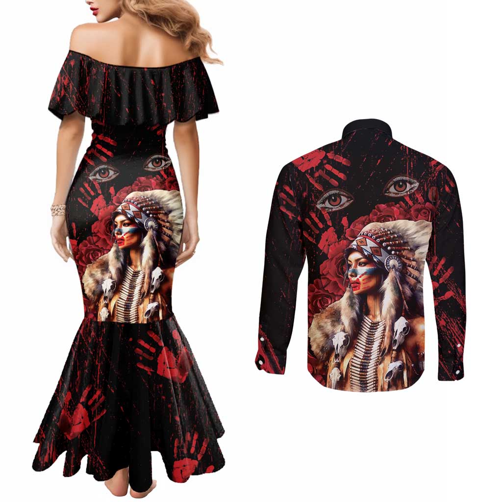 Native American MMIW Couples Matching Mermaid Dress and Long Sleeve Button Shirt Red Indian Women With Red Handprint