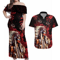 Native American MMIW Couples Matching Off Shoulder Maxi Dress and Hawaiian Shirt Red Indian Women With Red Handprint