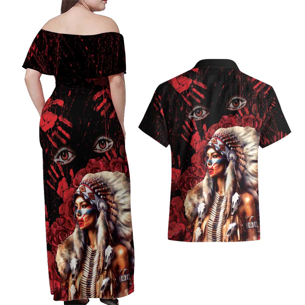 Native American MMIW Couples Matching Off Shoulder Maxi Dress and Hawaiian Shirt Red Indian Women With Red Handprint